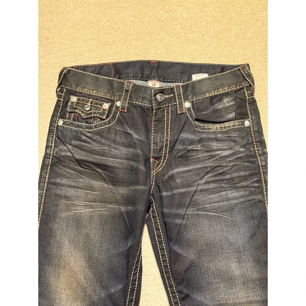 True Religion Straight Jeans Men's 34 Dark Wash Red Stitch Flap Pocket Y2K Denim